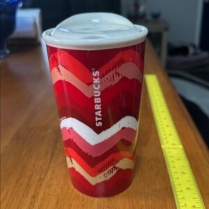 Starbucks Ceramic Red, White, Gold and Pink Chevron Mug, w ceramic lid.
